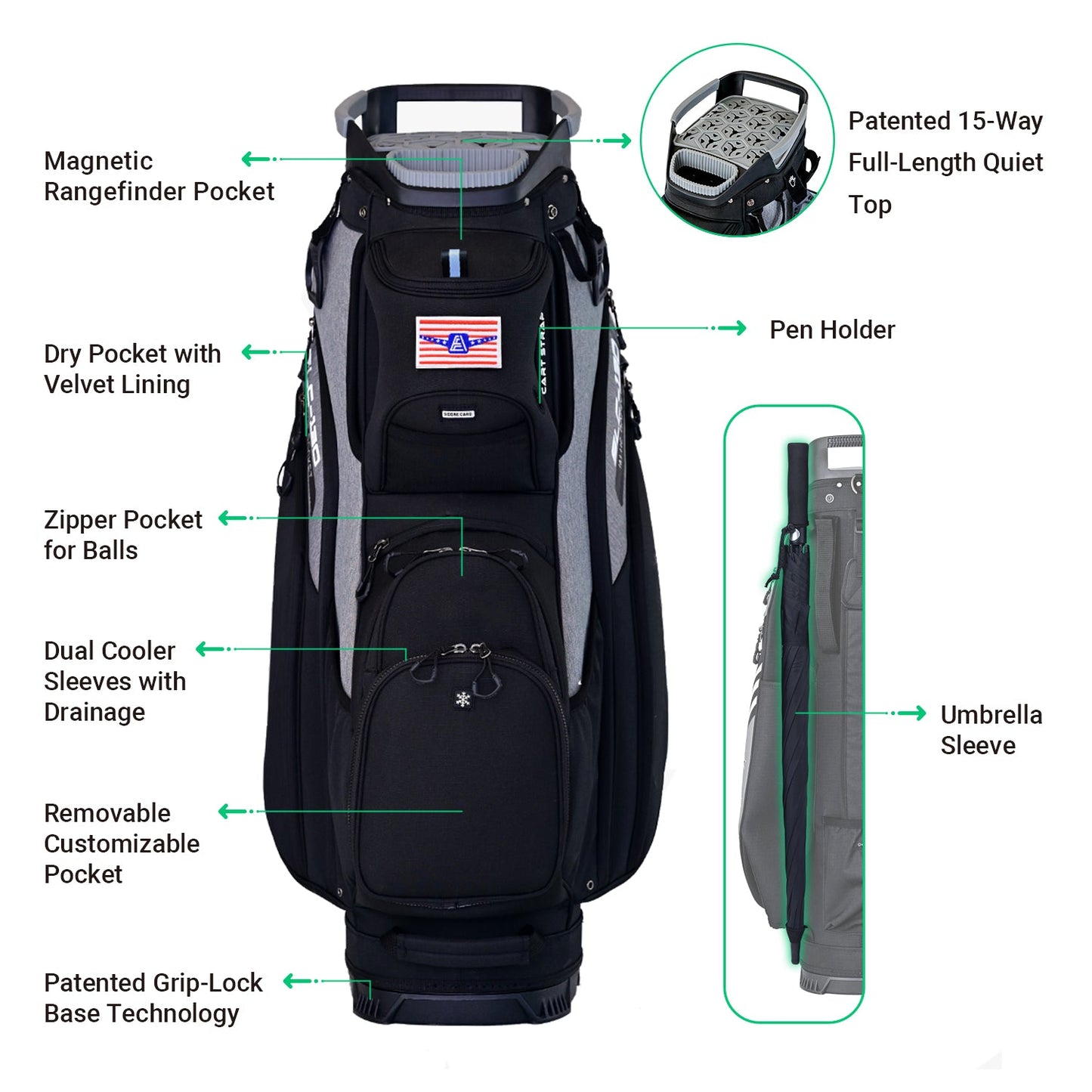 Ask Echo 2024 SLC-130 15 Way Full Length Dividers Golf Soundless Cart Bag / Black