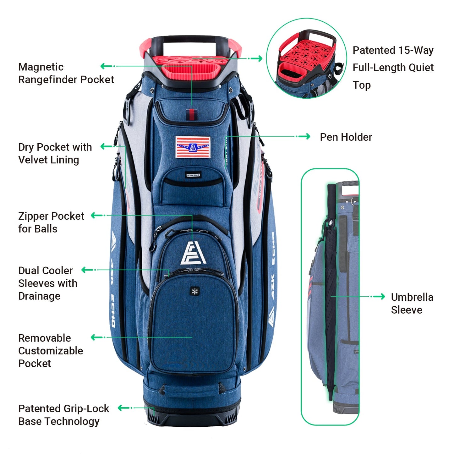 Ask Echo 2024 SLC-130 15 Way Full Length Dividers Golf Soundless Cart Bag / Navy