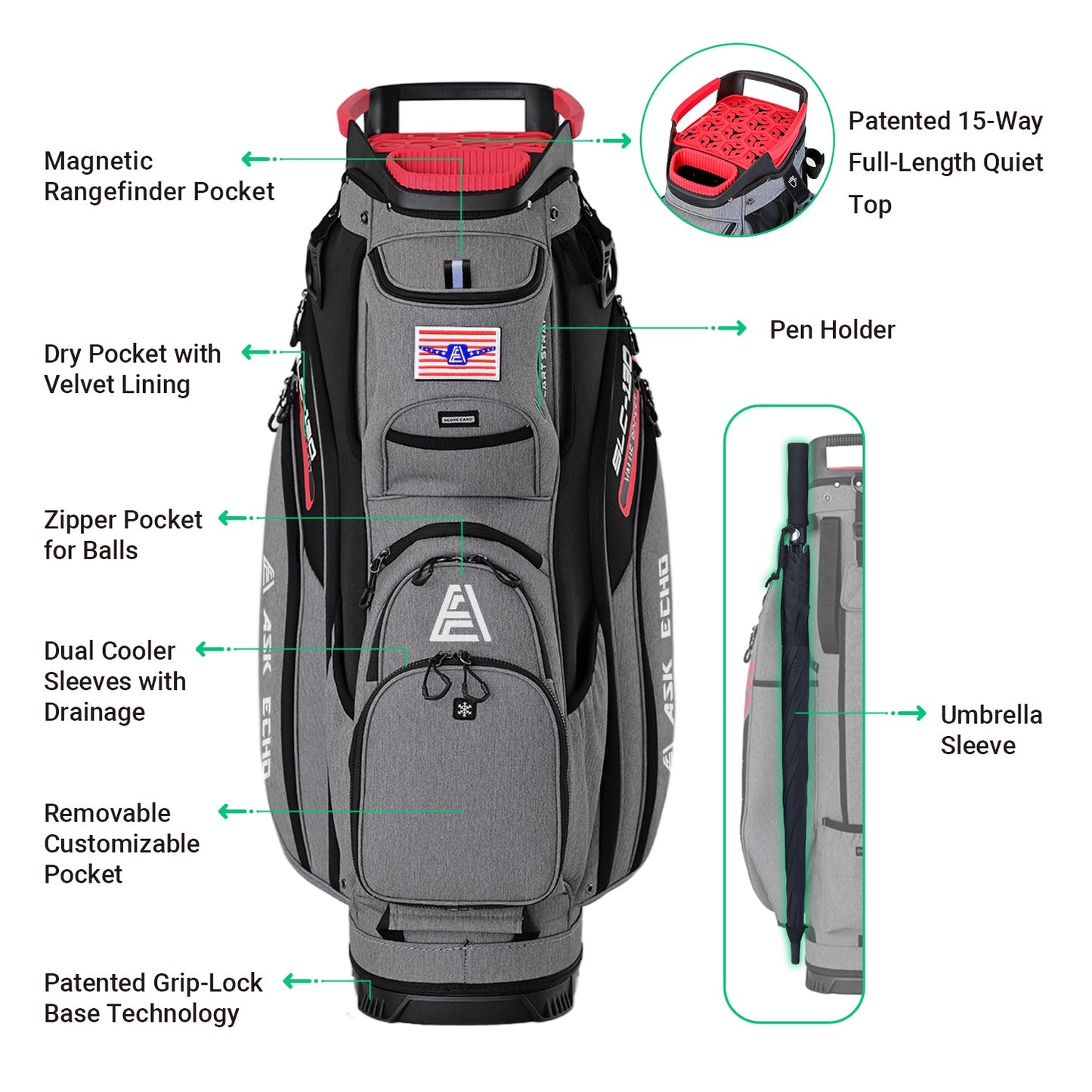 Ask Echo 2024 SLC-130 15 Way Full Length Dividers Golf Soundless Cart Bag / Grey