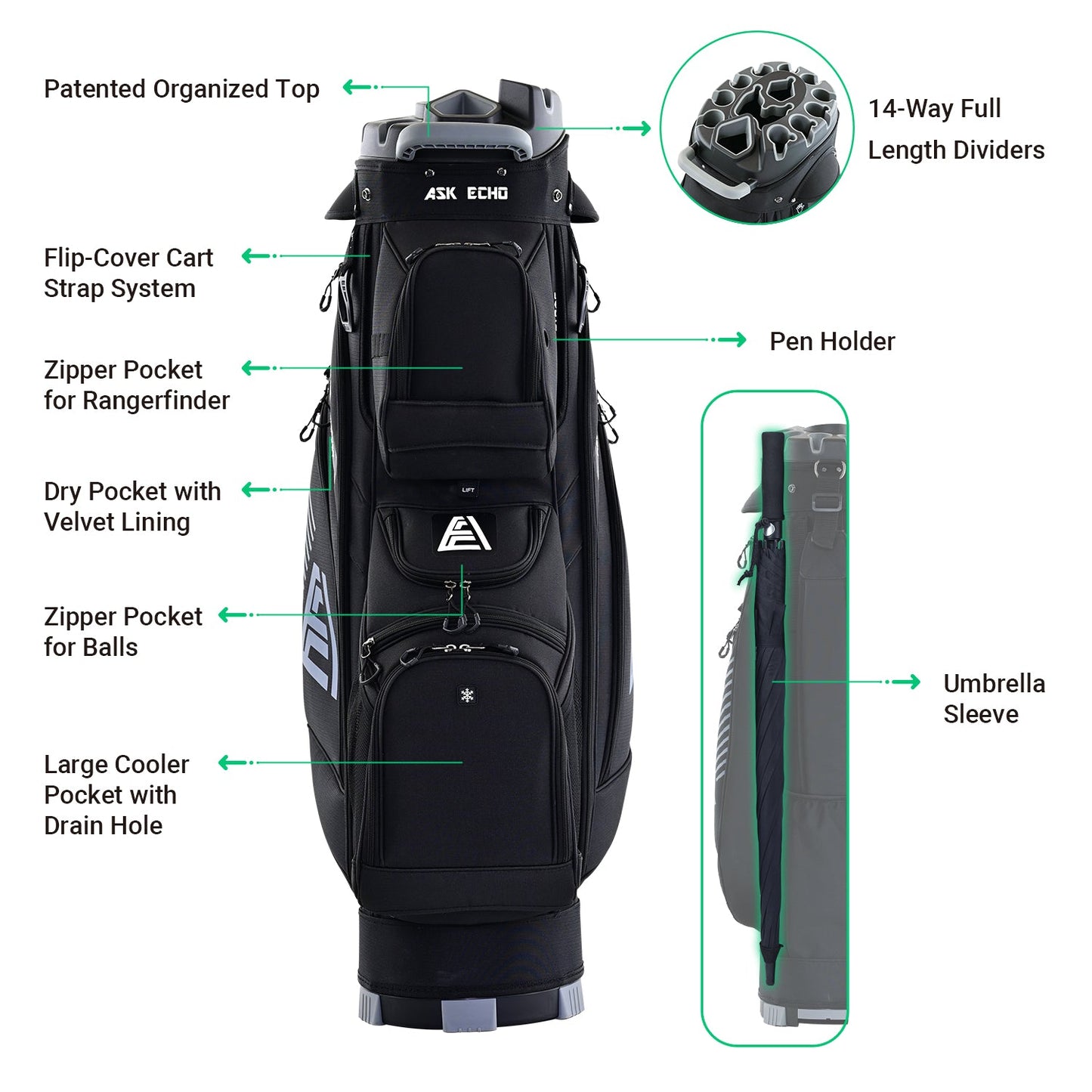 Ask Echo 2024 T-LOCK 14 Way Organizer Dividers Golf Soundless Cart Bag / All Color
