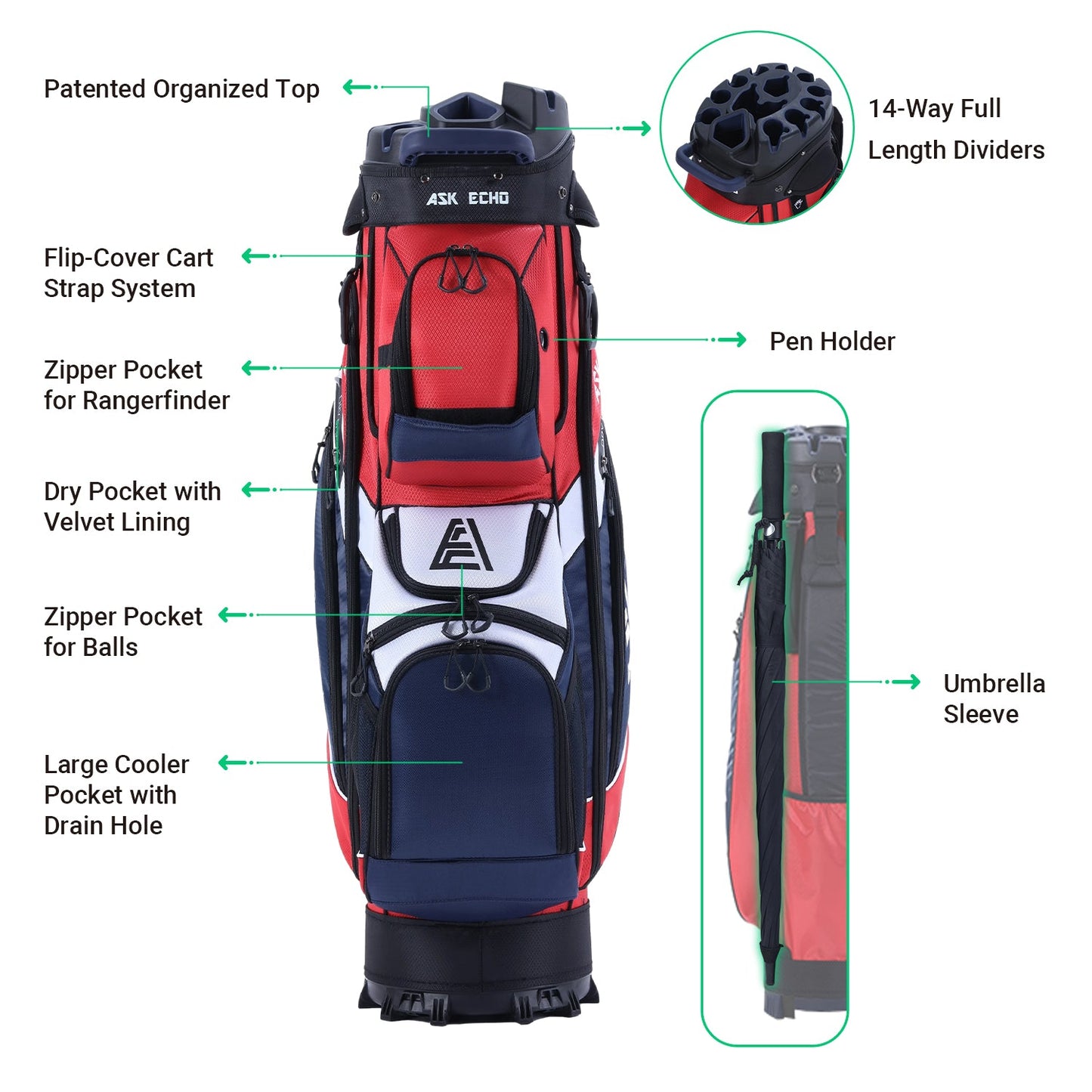 Ask Echo T-LOCK 2.0 14 Way Organizer Dividers Golf Soundless Cart Bag / All Color